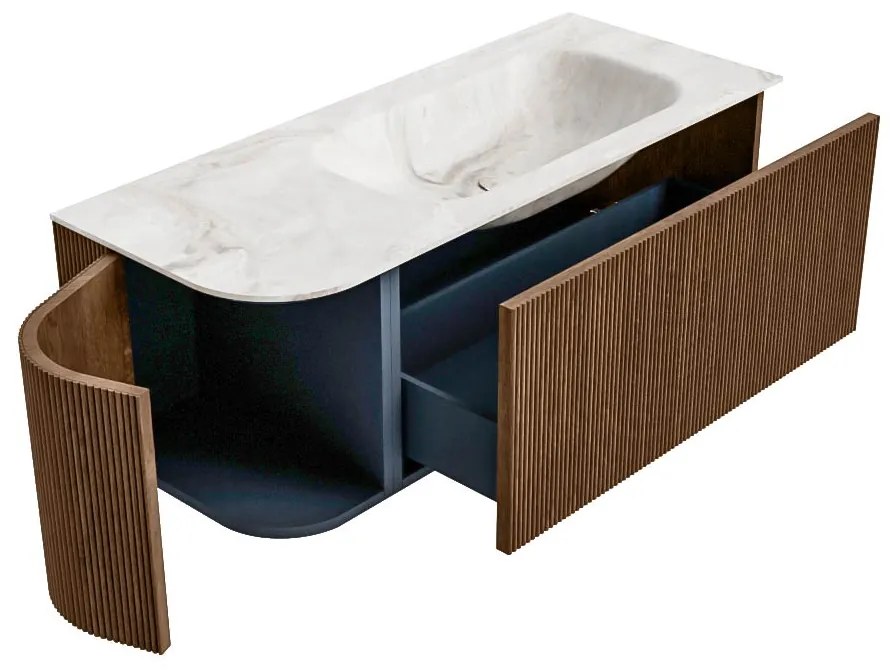 Mondiaz Kurve-dlux 115cm badmeubel ronding links walnut met 1 lade en deur en wastafel big small rechts zonder kraangat frappe