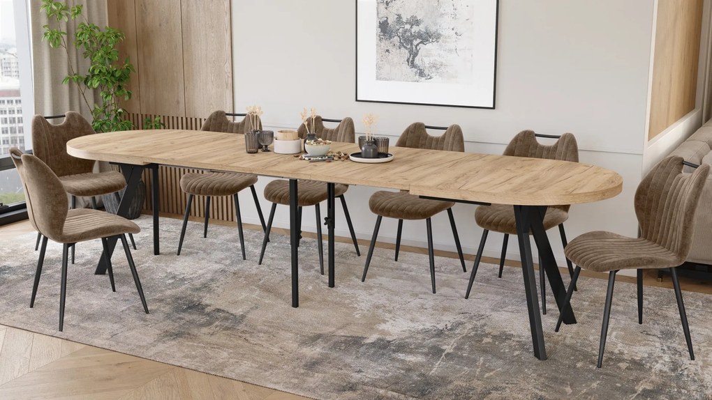 Mazzoni EXPANSO Artisan Eiken / zwarte poten - OVALE UITSCHUIFTAFEL 160-360 cm VOOR 16-18 PERSONEN
