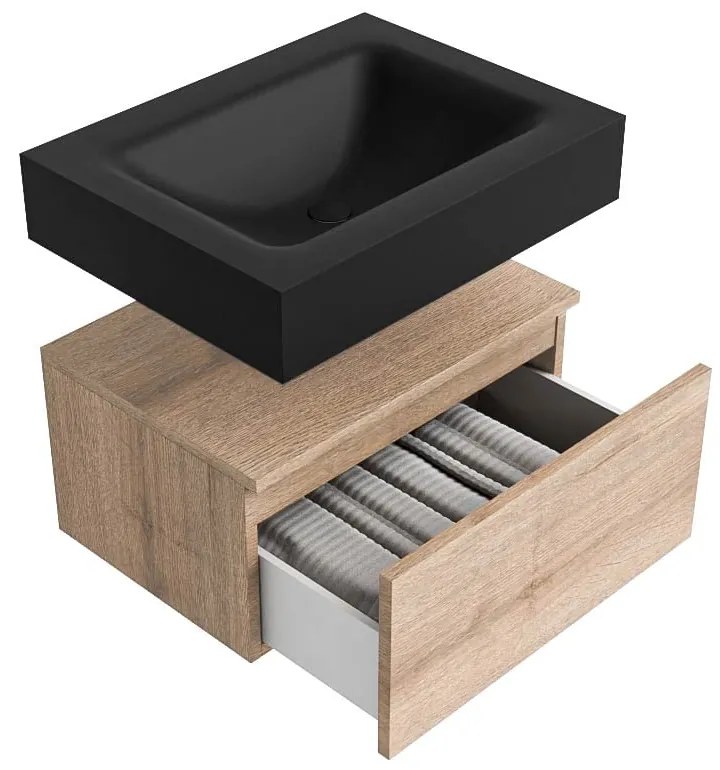 Zaro Alan badmeubel 60cm washed oak 1 lade met vrijhangende wastafel cloud midden zonder kraangat urban