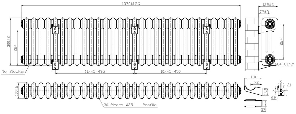 Eastbrook Imperia 3 koloms radiator 135x30cm 1436W wit glans