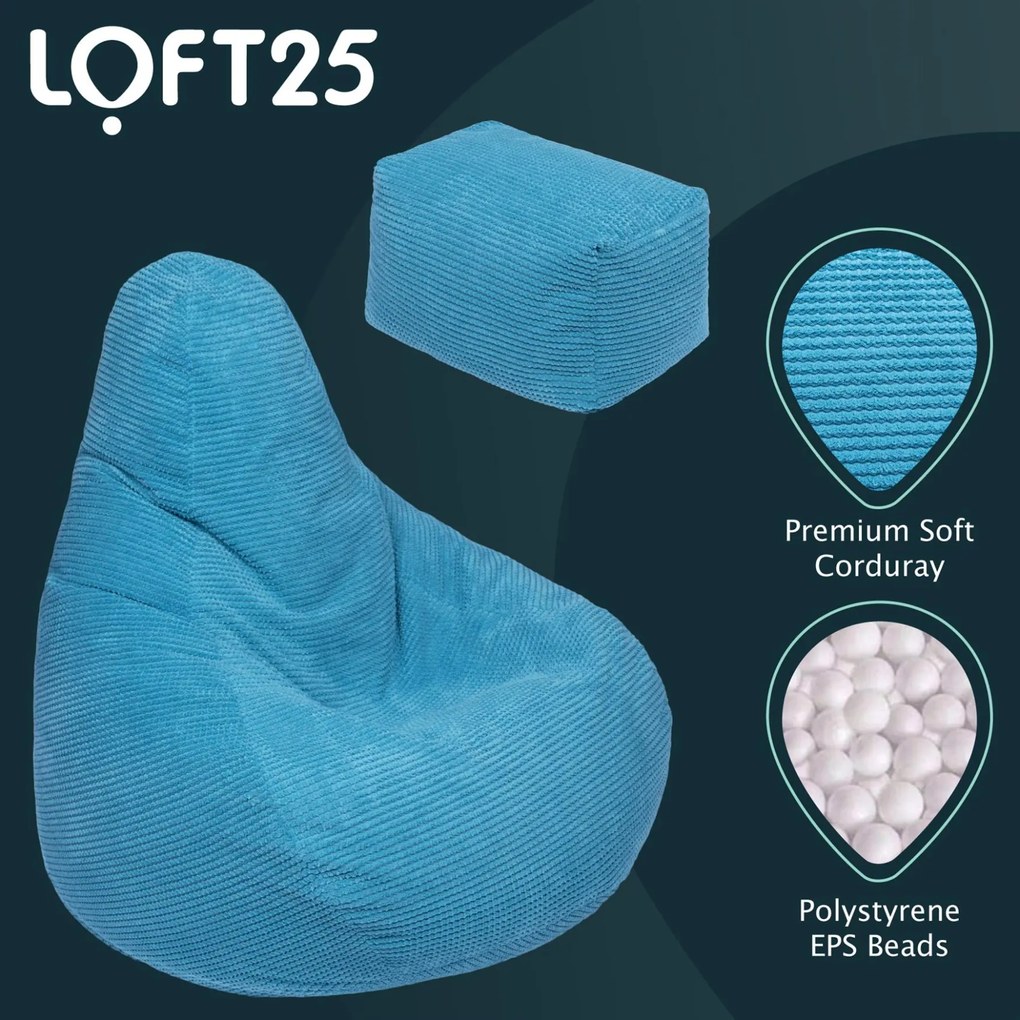 Highback Zitzak Stoel incl. Poef Corduroy Stof - Teal