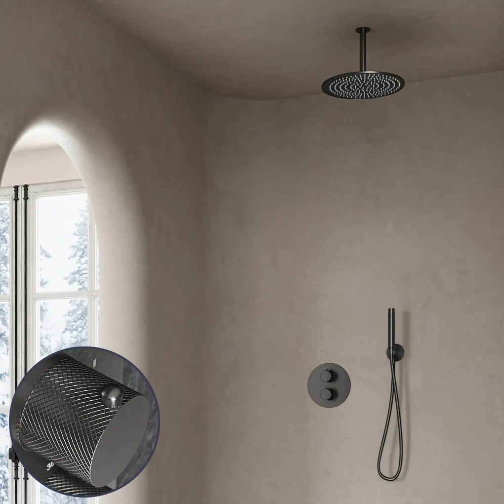 Saniclear Iron Curved inbouw regendouche rond met 20cm hoofddouche en plafondarm verouderd ijzer - gunmetal