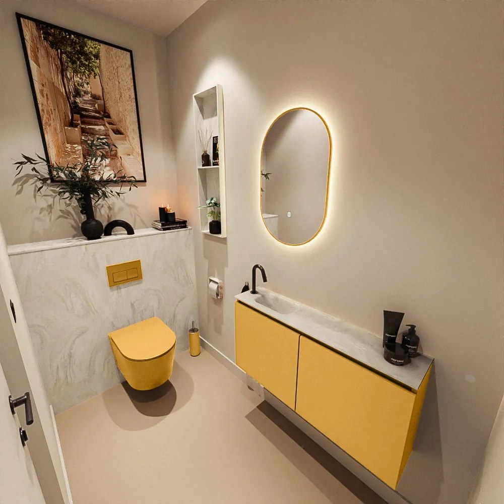 Mondiaz Ture DLux toiletmeubel 100cm ocher met wastafel ostra links met kraangat