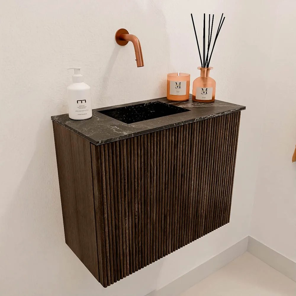 Mondiaz Joya DLux 50cm toiletmeubel walnut met wastafel faye links zonder kraangat lava