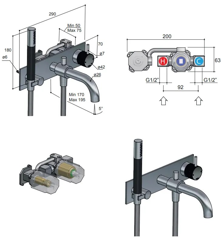 Hotbath Cobber X afbouwdeel inbouw douche/vrijstaande badmengkraan met automatische omstelinrichting chroom