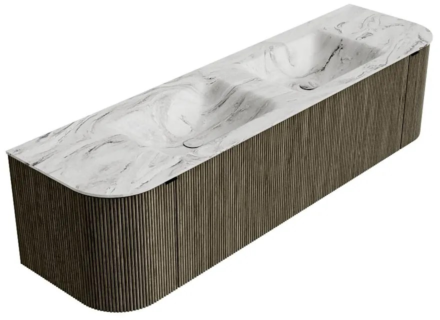 Mondiaz Kurve-dlux 170cm badmeubel ronding links/rechts shadow met 1 lade en 2 deuren en wastafel leaf dubbel 2 kraangaten glace