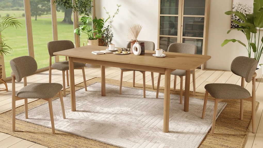 ALDO Bruin Taupe (stof Monza 40)/gelakt eiken frame – HOUTEN BOUCLÉSTOEL VOOR WOONKAMER, EETKAMER, KEUKEN RETRO