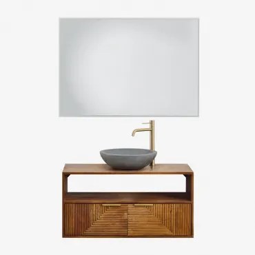 Baty Mangohouten Badkamermeubelset Mangohout & Rond Grijs Cement Ø40 Cm Tarsis & Rechthoekige Led En Anticondens 100x70 Cm Riben & Goud - Sklum