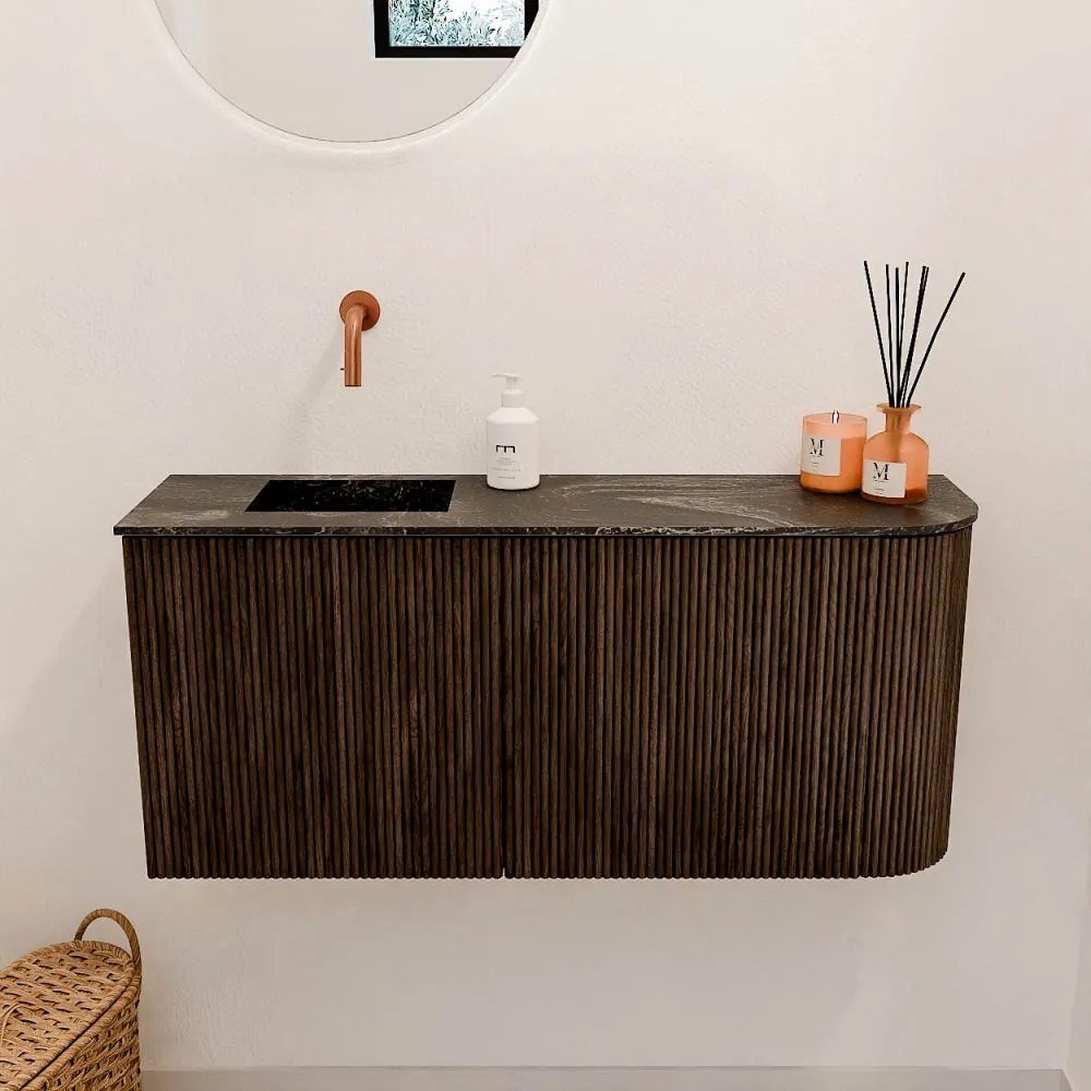 Mondiaz Joya DLux 90cm toiletmeubel ronding rechts walnut met wastafel faye links zonder kraangat lava