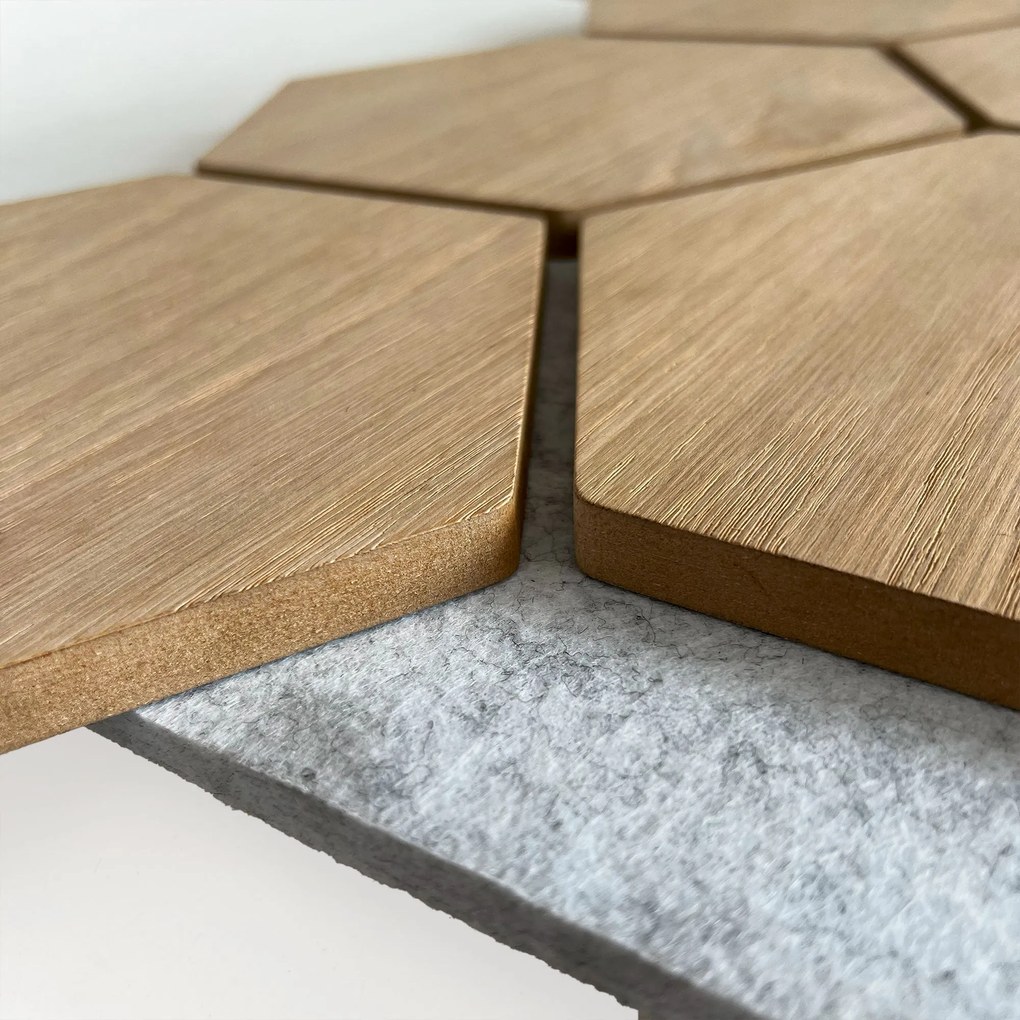 Hexagon Panel Naturel Eiken met Grijs Vilt 81CM | Akoestisch | Wanddecor | Zeshoekig- Grijs vilt