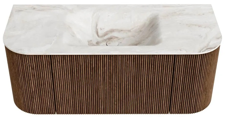 Mondiaz Kurve-dlux 110cm badmeubel ronding links/rechts walnut met 1 lade en 2 deuren en wastafel cloud midden 1 kraangat frappe