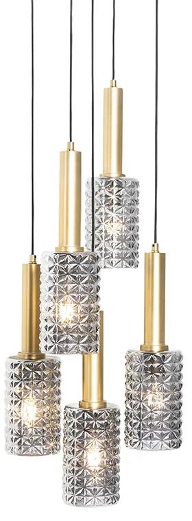 Hanglamp goud met smoke glas rond 5-lichts - Elva Art Deco E27 Binnenverlichting Lamp