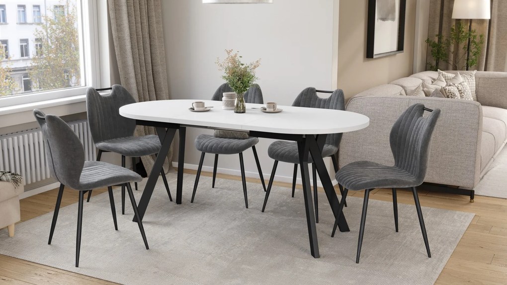 Mazzoni ALMO Wit mat / zwarte poten - OVALE UITSCHUIFTAFEL 120-220 cm VOOR 10-12 PERSONEN