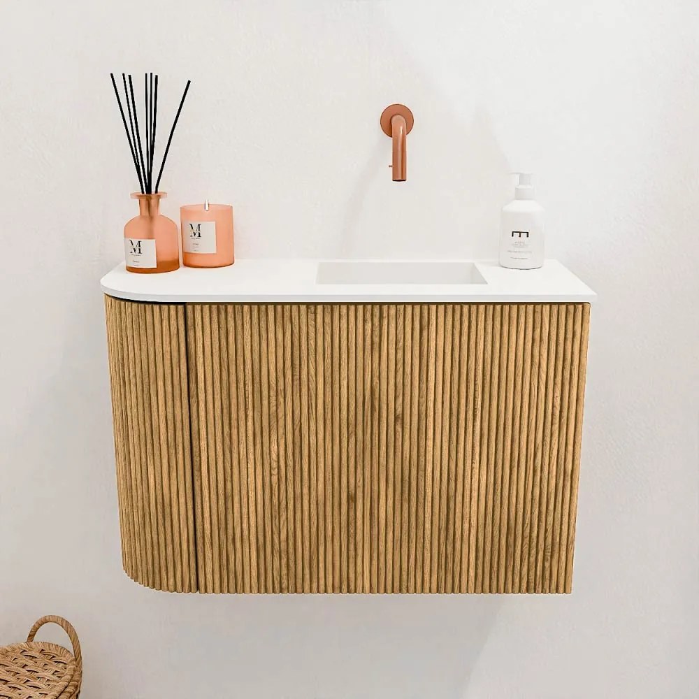 Mondiaz Joya 60cm toiletmeubel ronding links oak met wastafel faye rechts zonder kraangat talc