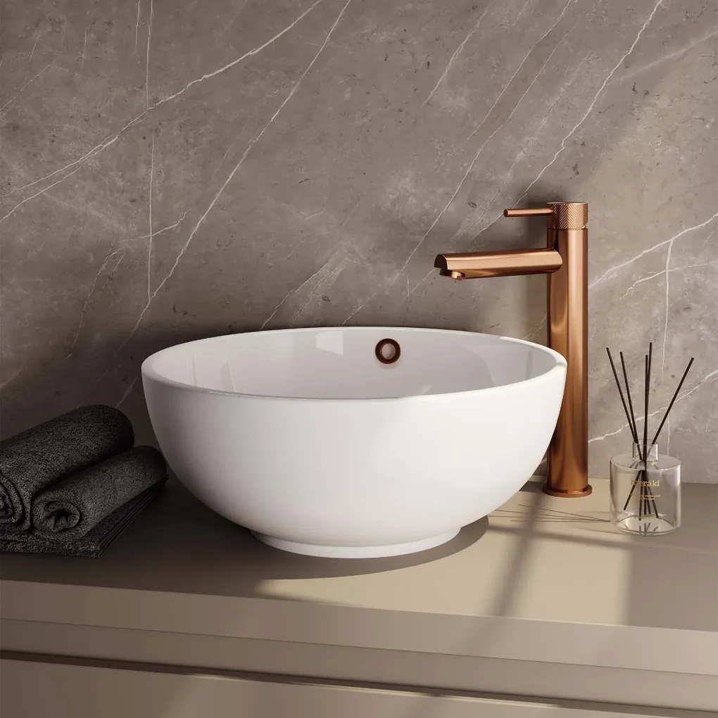 Brauer Copper Carving verhoogde wastafelkraan met lange, ronde handgreep en ColdStart geborsteld koper PVD