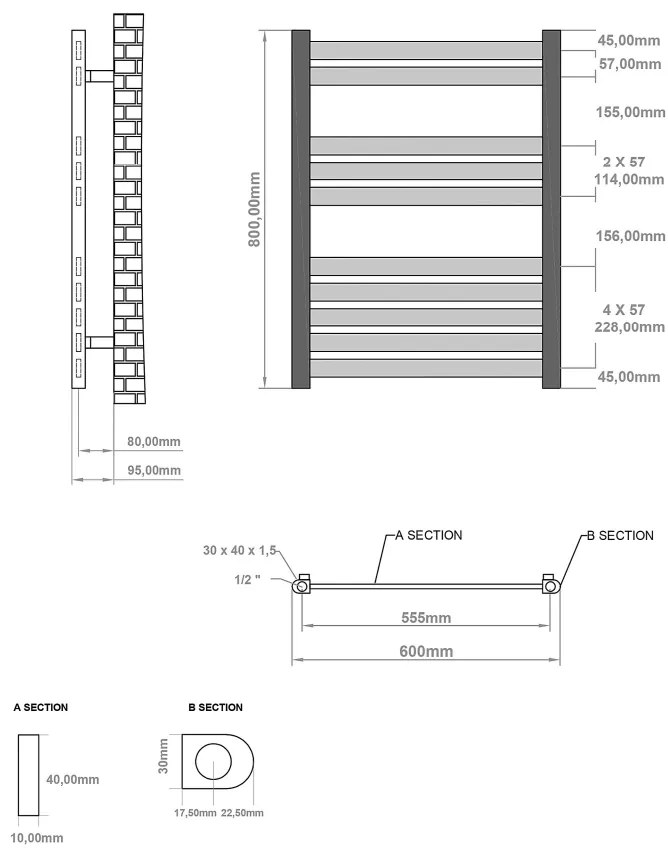 Eastbrook Defford handdoekradiator 60x80cm 286W chroom