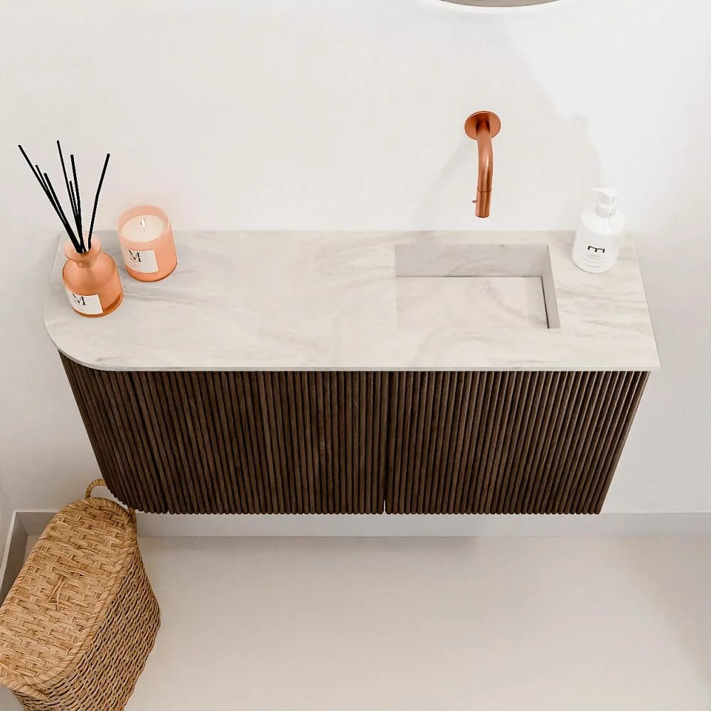 Mondiaz Joya DLux 80cm toiletmeubel ronding links walnut met wastafel faye rechts zonder kraangat ostra