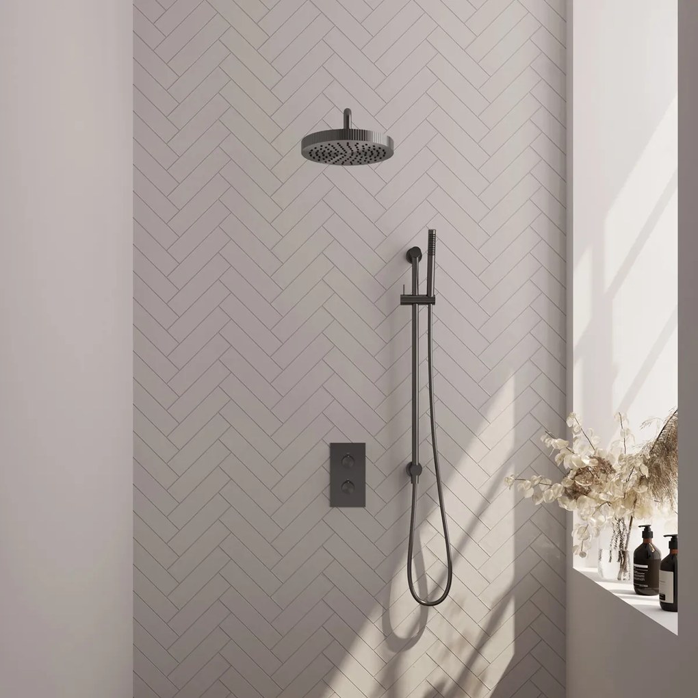 Brauer Stripe inbouw regendouche met 25cm hoofddouche, met gebogen muurarm, glijstang en staafhanddouche set 20 gunmetal geborsteld PVD