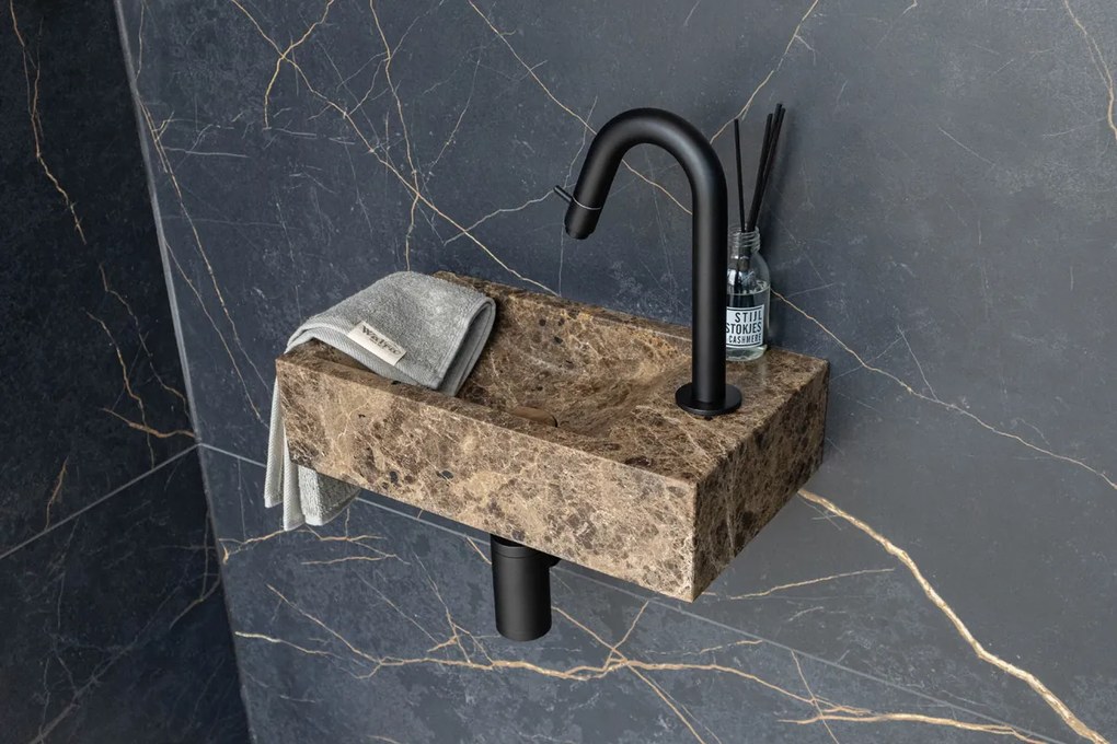 Saniclear Dark Emperador fonteinset met gebogen kraan in mat zwart