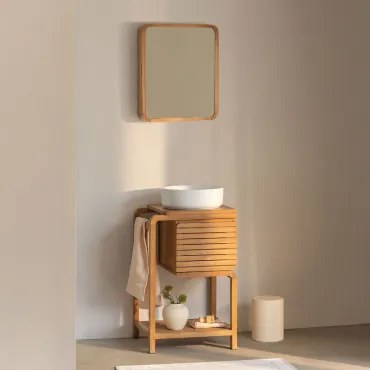 Bradley Teakhouten Badkamermeubelset Rond Keramiek Wit Ø40 Cm Lenka & Rechthoekig Met Afgeronde Hoeken En Opbergruimte 45x60 Cm Ian & Zonder Kraan -