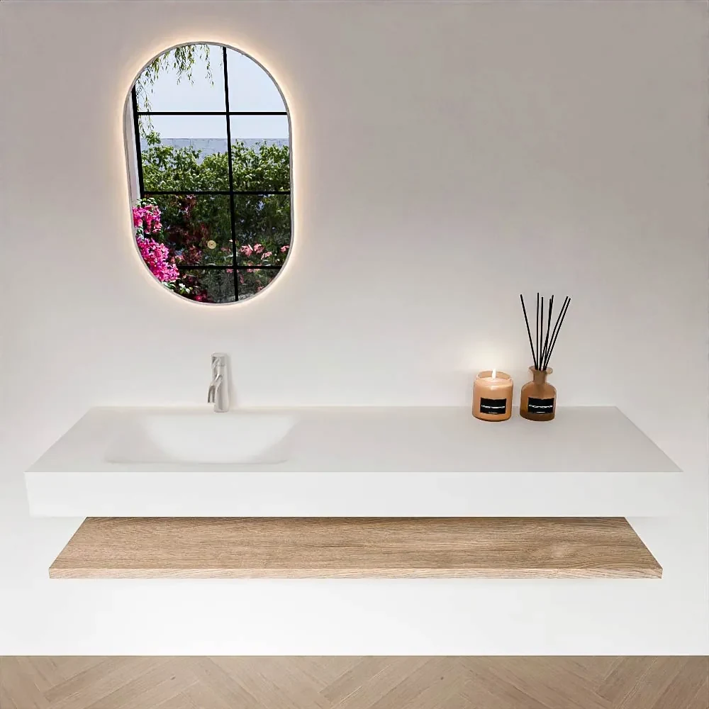 Zaro Alan badmeubel 160cm met planchet washed oak en vrijhangende wastafel cloud links 1 kraangat talc