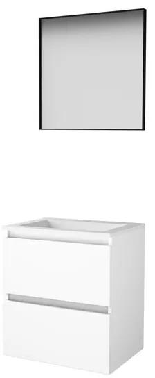 Basic-Line Framed 46 badkamermeubelset - 60x46cm - greeploos - 2 lades - acryl wastafel - 1 kraangat - Spiegel - mat zwart aluminium frame - rondom - MDF lak Ice White 1813870