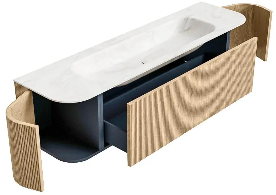 Mondiaz Kurve-dlux 170cm badmeubel ronding links/rechts oak met 1 lade en 2 deuren en wastafel big large midden 1 kraangat ostra