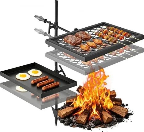 VEVOR draaibare kampvuurgrill met grillrooster en bakplaat van koolstofstaal, 360° in hoogte verstelbare draaibare grill met grillstandaard, roterende buitengrill voor open vuur, kamperen en tuinieren