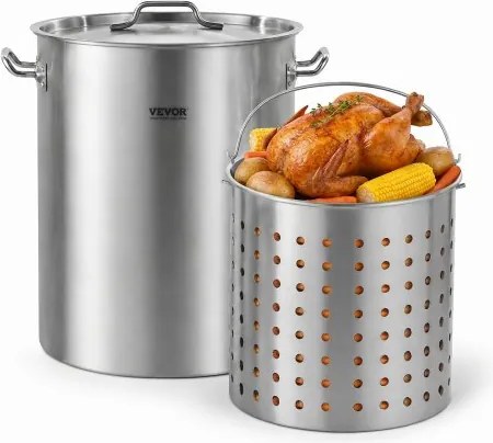 VEVOR roestvrijstalen soeppan 34 liter, grote kookpan met mandje, deksel en handvat, soeppan van professionele kwaliteit, gepolijste afwerking, geschikt voor stomen, koken of bakken, zilverkleurig
