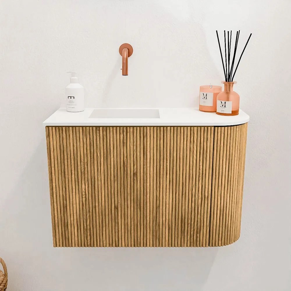 Mondiaz Joya 60cm toiletmeubel ronding rechts oak met wastafel faye links zonder kraangat talc
