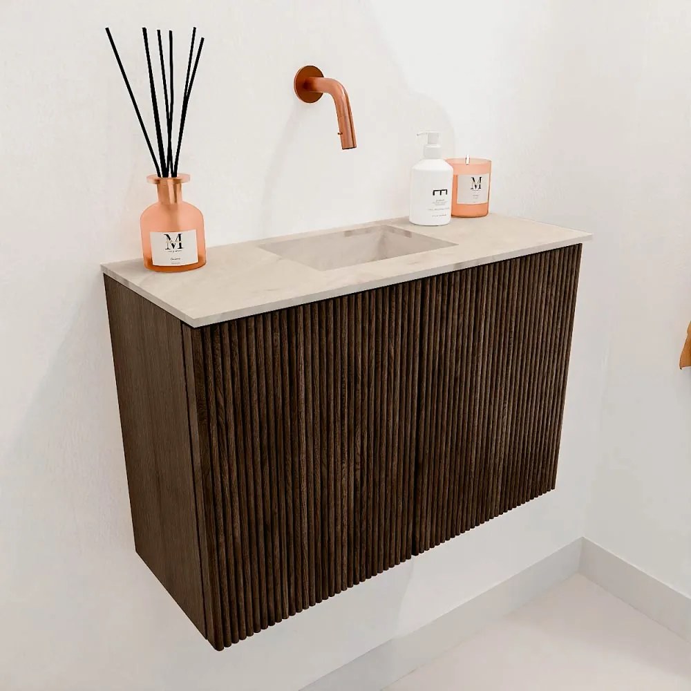 Mondiaz Joya DLux 60cm toiletmeubel walnut met wastafel faye midden zonder kraangat frappe