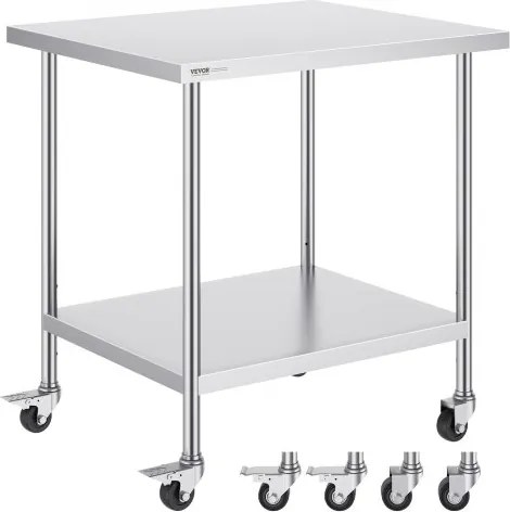 VEVOR RVS werktafel, voorbereidingstafel met 4 wielen, 3 verstelbare hoogtes, werktafel voor voedselbereiding voor commerciële keukens en restaurants, zilver