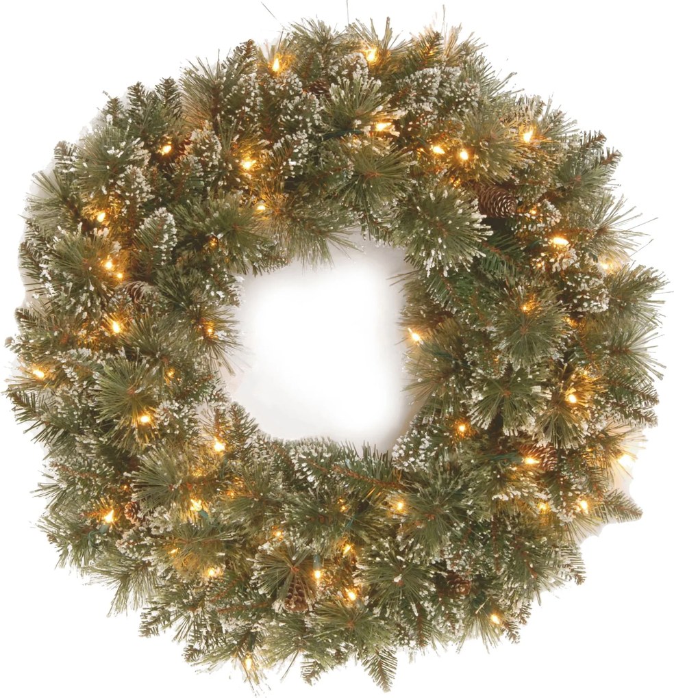 Verlichte kerstkrans "Glittery Bristle" - groen - Diameter 76 cm - 50 warm witte ledlampjes - met sneeuw, dennenappels &amp; glitter