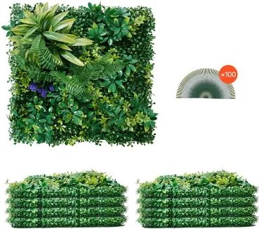 VEVOR Kunstplantenwand, 8 stuks, 500x500x50 mm, 3D-combinatie van groene buxuspanelen, groene decoratie en klimophekbedekking, privacyscherm als achtergrondmuur, haagbescherming voor de tuin