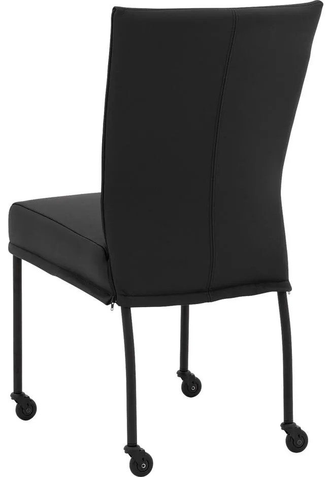 Goossens Eetkamerstoel Funk Zwarte Poten zwart leer leuning en Zwart skater wiel met zwarte kapmet wielen, modern design