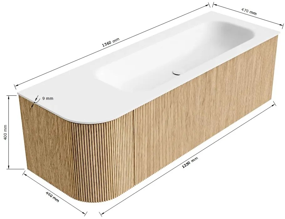 Mondiaz Kurve 135cm badmeubel ronding links walnut met 1 lade en deur en wastafel big medium rechts zonder kraangat urban