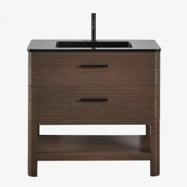 Badmeubelset 90x50 Cm Van Hout Met Geïntegreerde Wastafel Misene Spiegelloze & Mat Zwart ↑20 Cm Met Afvoerkraan Met Overloop Orveta & Donker Hout -