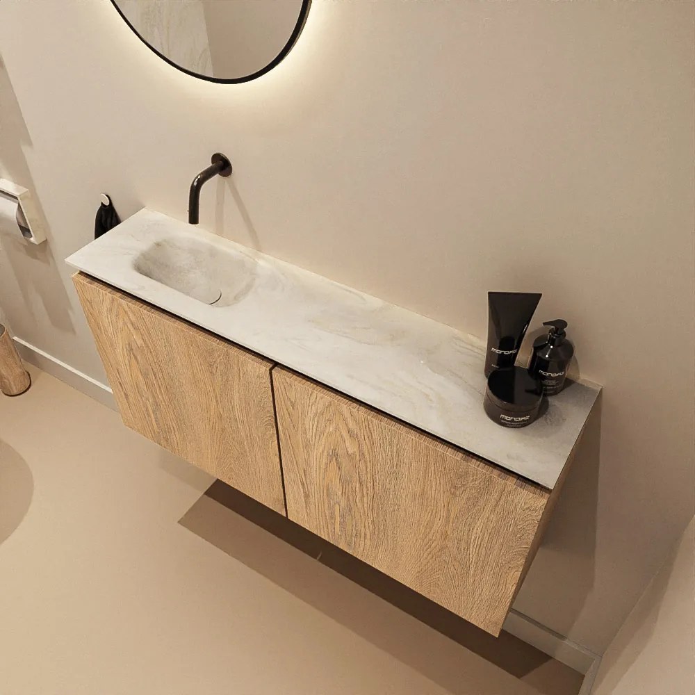 Mondiaz Ture DLux toiletmeubel 100cm washed oak met wastafel ostra links zonder kraangat