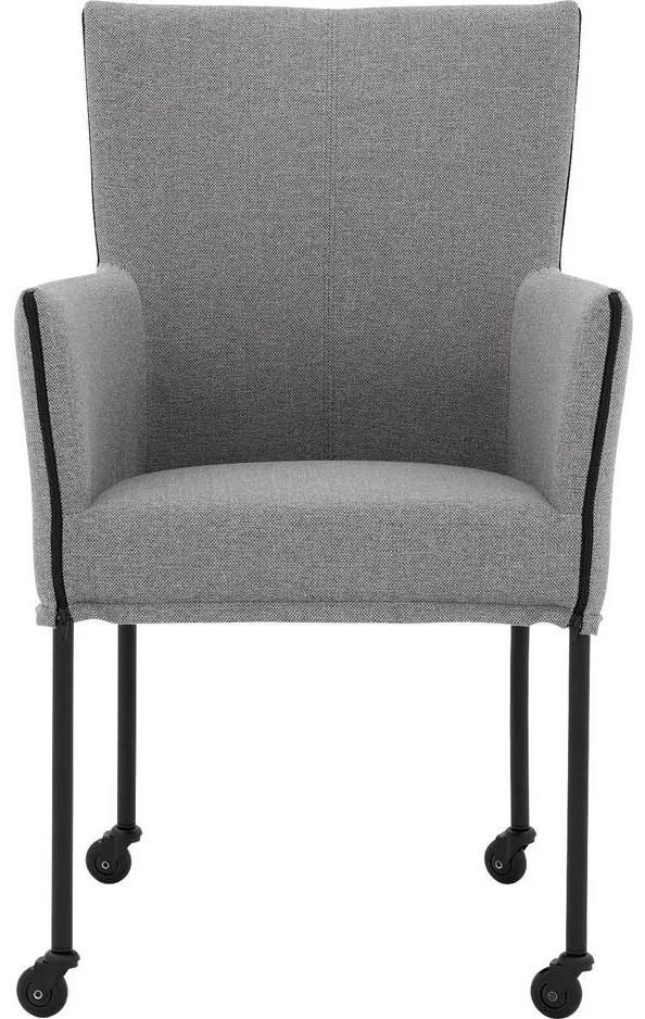 Goossens Eetkamerstoel Funk Zwarte Poten grijs stof met armleuning en Zwart skater wiel met zwarte kapmet wielen, modern design