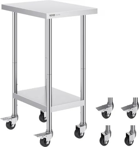 VEVOR RVS werktafel, voorbereidingstafel 610 x 457 x 954,6 mm, draagvermogen 290 kg, met 4 wielen, 3 verstelbare hoogteniveaus, werktafel voor voedselbereiding voor commerciële restaurants