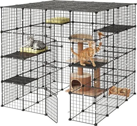 VEVOR Kattenkooi, 4 verdiepingen tellende kattenren, 139,7x139,7x139,7 cm, doe-het-zelf binnenspeeltuin voor katten, verwijderbare metalen kooi met 3 deuren, ideaal voor 2-3 katten en kleine dieren, zwart