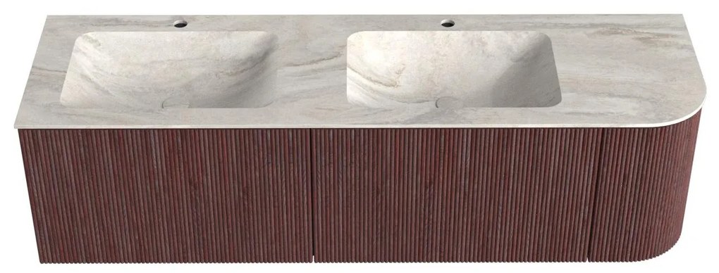 Mondiaz Kurve-dlux 155cm badmeubel ronding rechts ruby met 2 lades en 1 deur en wastafel leaf dubbel/links 2 kraangaten ostra