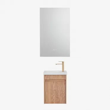 Narek Zwevend Houten Badkamermeubelset Met Geïntegreerde Wastafel Ash Brown & Rectangular Led And Antifog 55x90 Cm Riben & Geborsteld Goudkleurig -