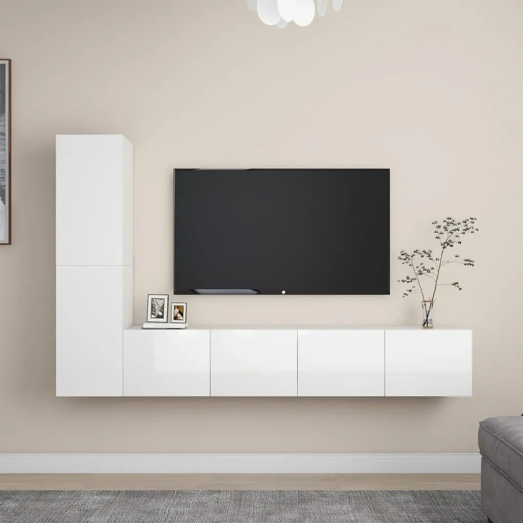 vidaXL 4-delige Tv-meubelset spaanplaat hoogglans wit