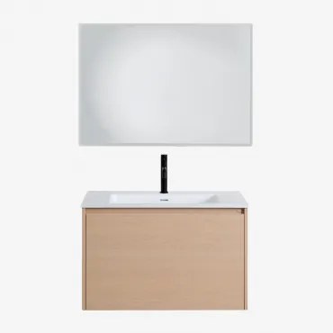 Badkamermeubelset In Hout Met Geïntegreerde Wastafel Jacob Natuurlijk Hout & Rechthoekige Led En Anticondens 100x70 Cm Riben & Zwart - Sklum