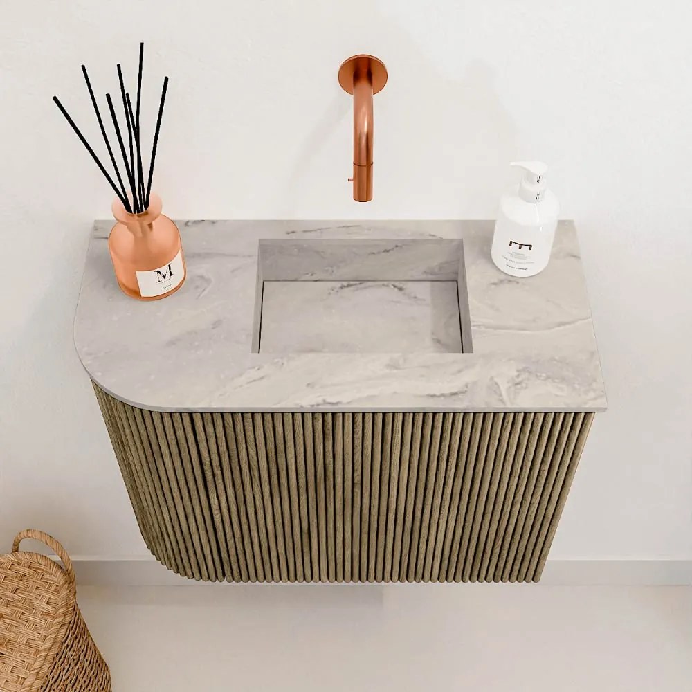 Mondiaz Joya DLux 50cm toiletmeubel ronding links dusk met wastafel faye rechts zonder kraangat glace