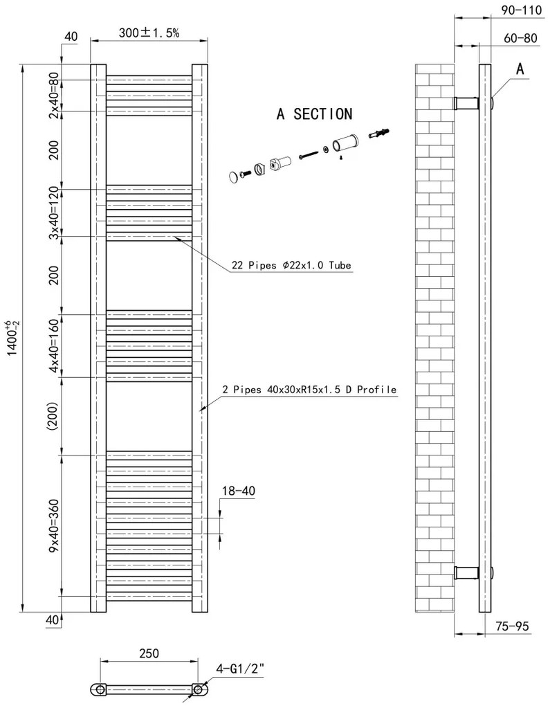 Eastbrook Wendover handdoekradiator 30x140cm 351W chroom