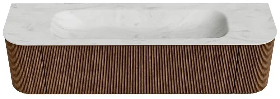 Mondiaz Kurve-dlux 170cm badmeubel ronding links/rechts walnut met 1 lade en 2 deuren en wastafel big large midden 2 kraangaten opalo
