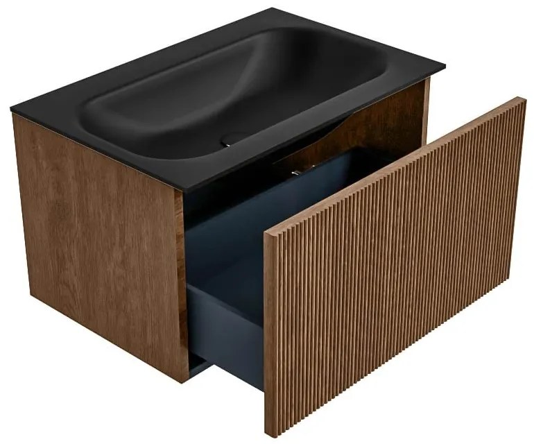 Mondiaz Kurve 70cm badmeubel walnut met 1 lade en wastafel big small midden 1 kraangat urban
