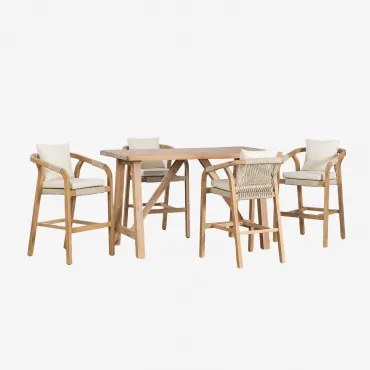 Set Van Een Rechthoekige Hoge Tafel 160x90 Cm En 4 Hoge Krukken Van Acaciahout Dubai Rustiek Acaciabruin & Stof Gardenia Wit - Sklum